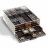 coin box quadrum 20 square compartments 50 x 50 mm smoke coloured with black drawer 1