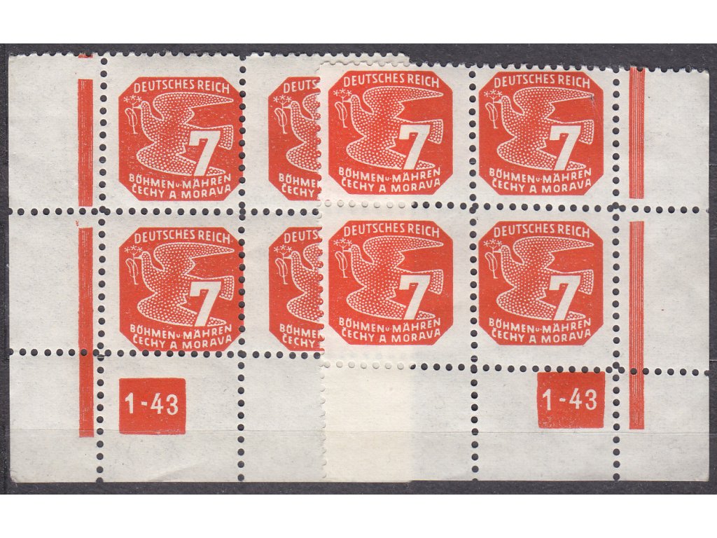 1943, 7h oranžová, Řz.11 1/2, L+P rohový 4blok s DČ 1-43, Nr.NV12, **