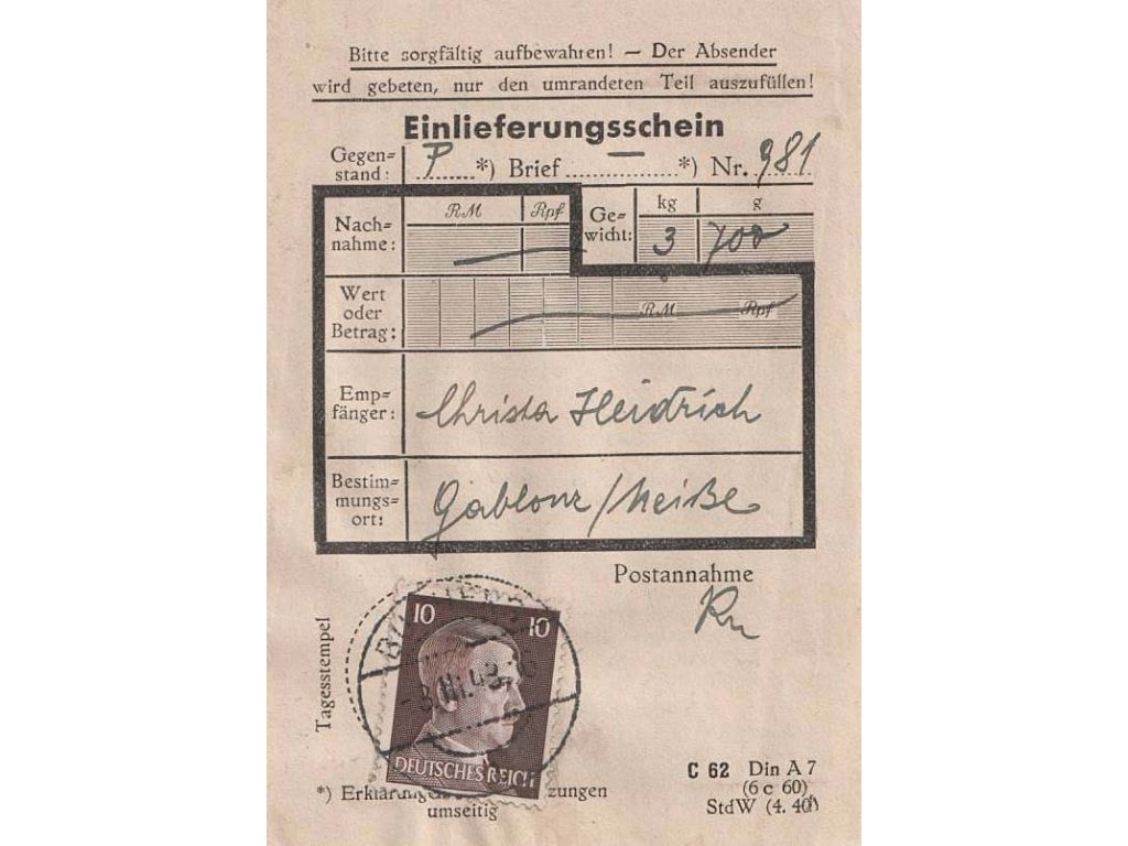 1943, DR Buchers, podací lístek, stopy poštovního provozu