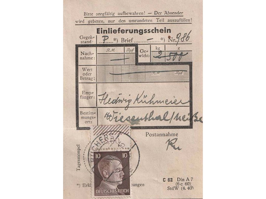 1943, DR Buchers, podací lístek, hledané, stopy pošt. provozu