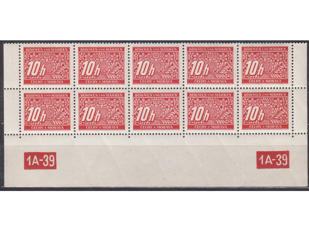1939, 10h červená, 10blok s DČ 1A-39, varianta X-X, Nr.DL2, **
