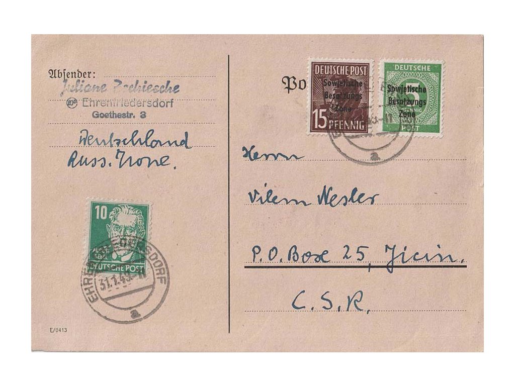 Sovětská zóna, 1949, DR Ehrentriedersdorf, lístek zasl. do ČSR