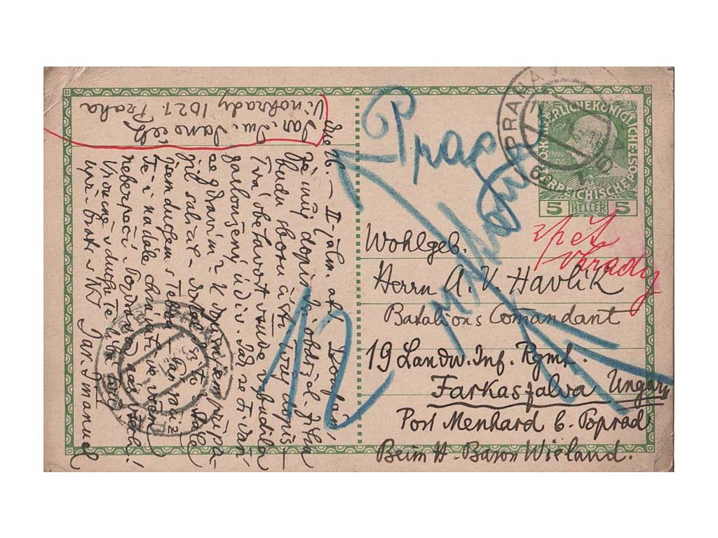 1914, DR Praha, dopisnice 5 H Franc Josef zasl. jako lístek PP