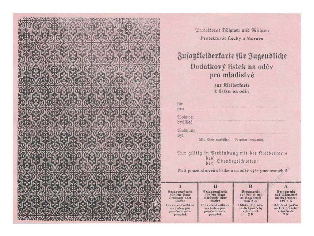 Dodatkový lístek na oděv pro mladistvé z roku 1940