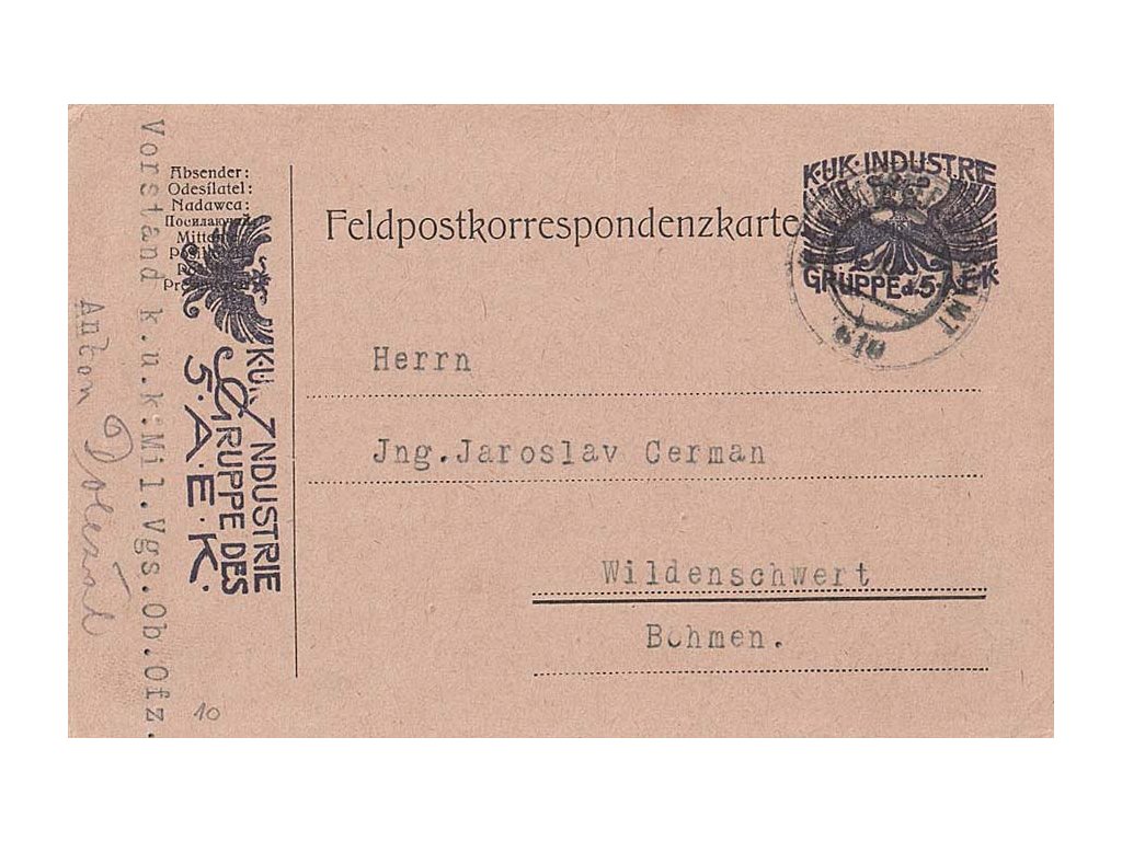 No.610, lístek PP zasl. v roce 1916 do Wildenschwertu