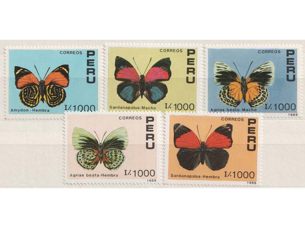 Peru, 1990, 1000 I série Motýli, MiNr.1419-23, **