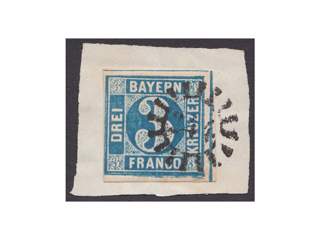 Bayern, 1850 3 Kr modrá, No. 244, MiNr.2II, výstřižek