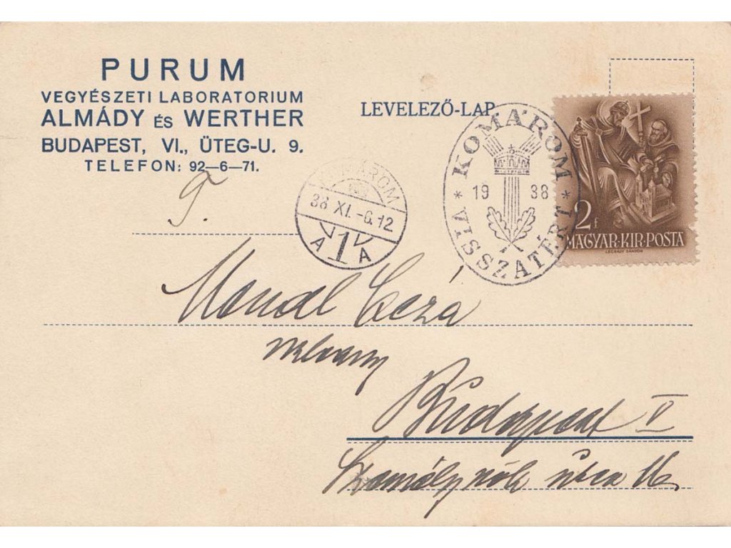 Komárom, 1938, firemní lístek zasl. do Budapešti