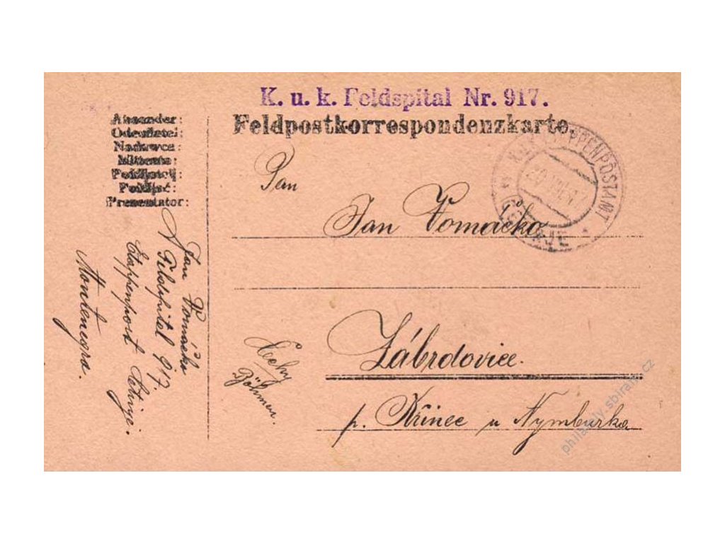 Cetinje c, lístek PP zasl. v roce 1917 do Čech