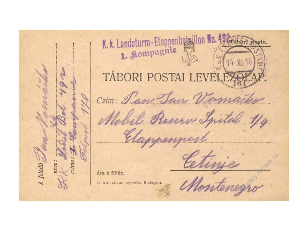 No.161, lístek PP, zasláno v roce 1915 do Cetinje