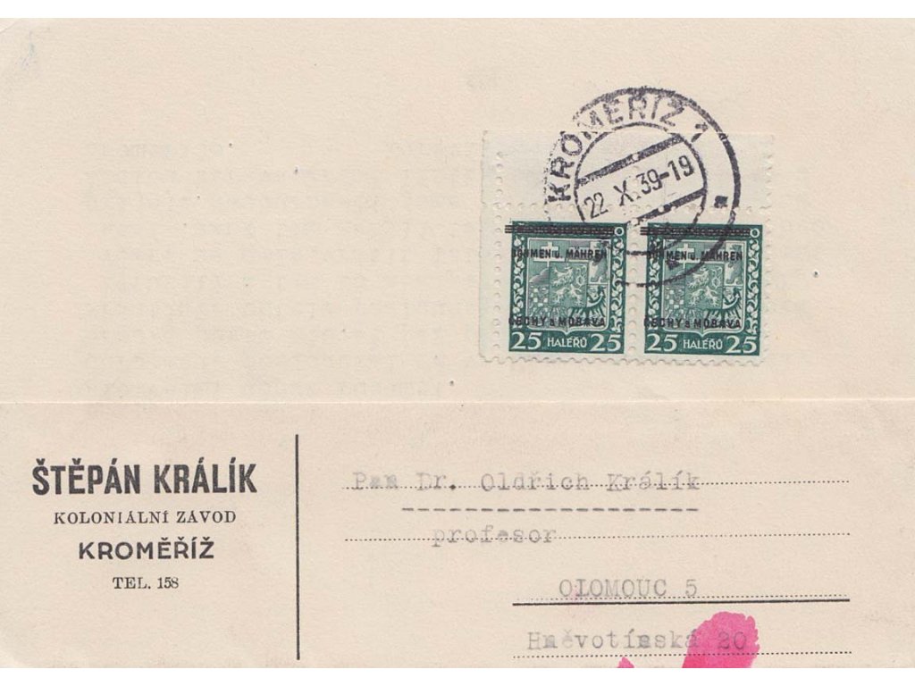 1939, DR Kroměříž, firemní lístek vyfr, roh. 2páskou zn. 25h Znak