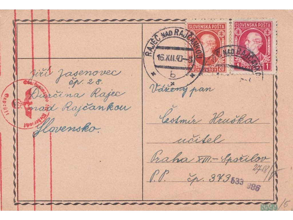 1940, DR Raječ, lístek zasl. do Prahy, cenzura, stopy pošt. provozu