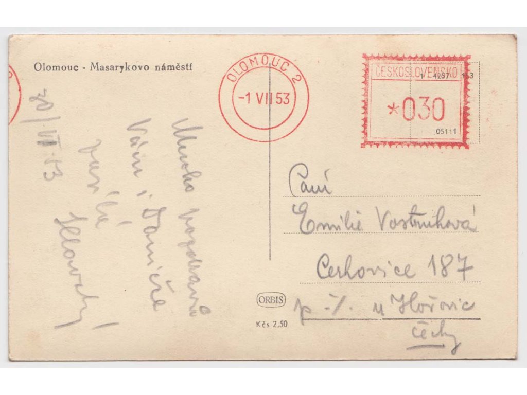 1953, pohlednice vyfr. frankotypem 30 h Olomouc 11.7.53, prošlé