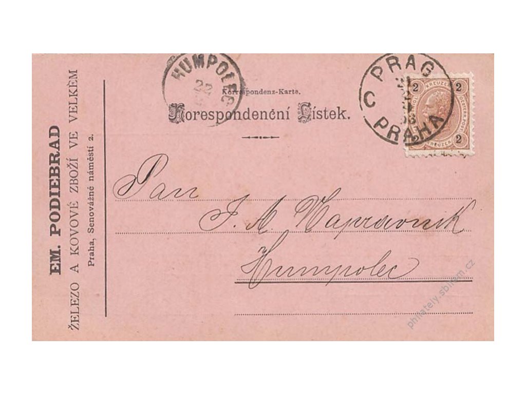 1893, Praha, firemní lístek zaslaný do Humpolce