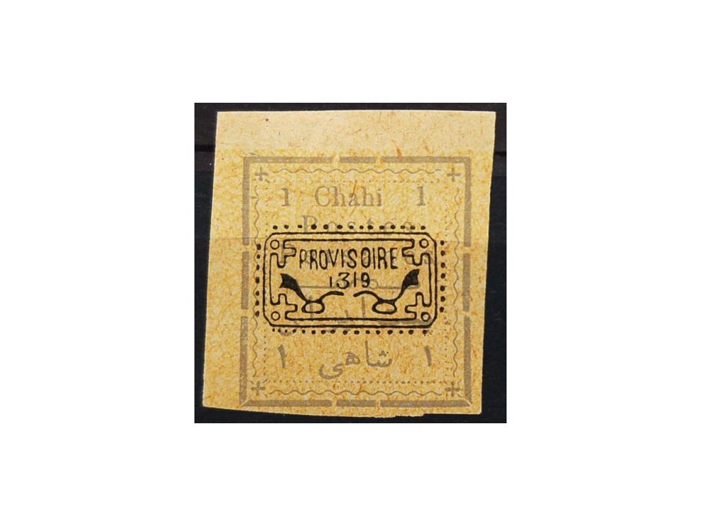 Irán, 1902, 1Ch šedá/žlutá s přetiskem, * po nálepce