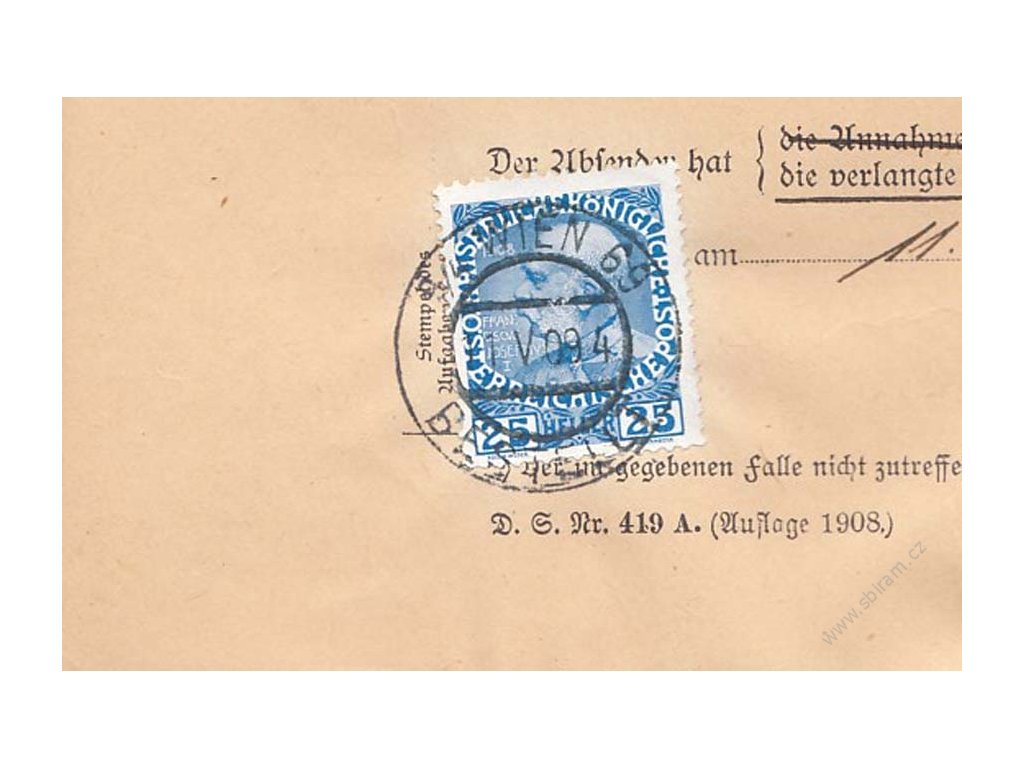1909, DR Wien, formulář Rückmeldung, slušná jakost