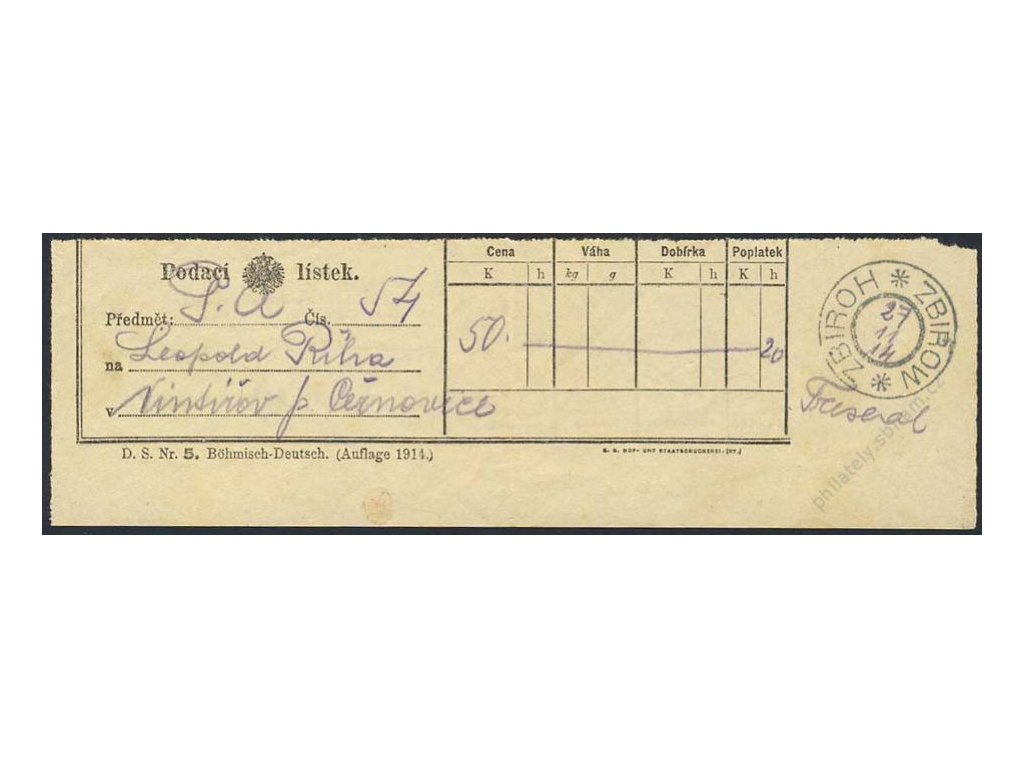 1914, DR Zbiroh, Podací lístek s číslem formuláře