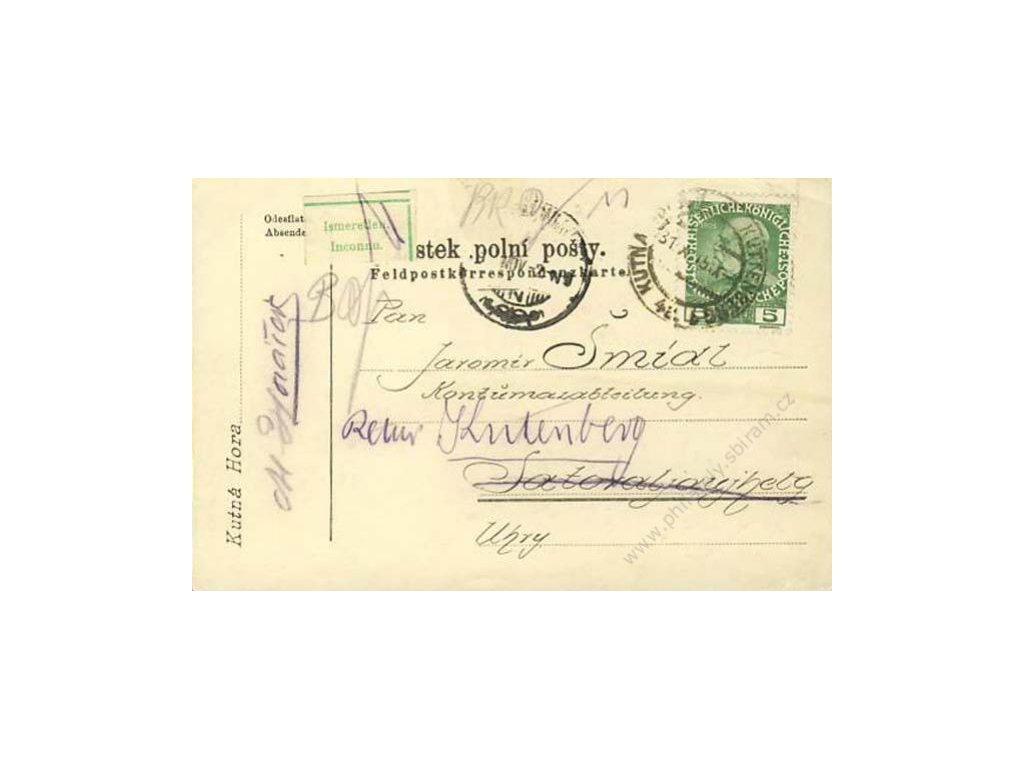 1915, DR Kutná Hora, lístek PP zasl. do Uher