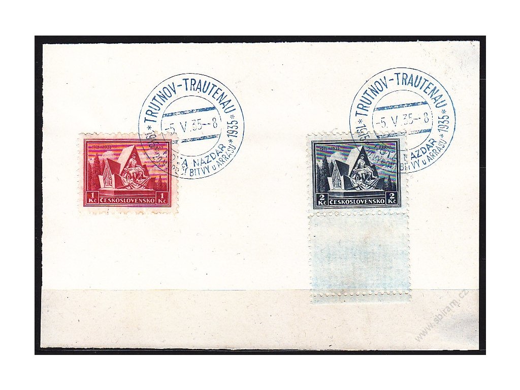 Lístek papíru se zn. 1-2Kč Arras, 2Kč s kuponem, pamětní razítko TRUTNOV 5.5.1935