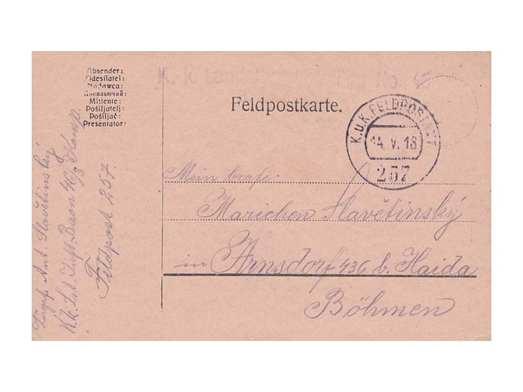 No.257, lístek PP zasl. v roce 1918 do Čech