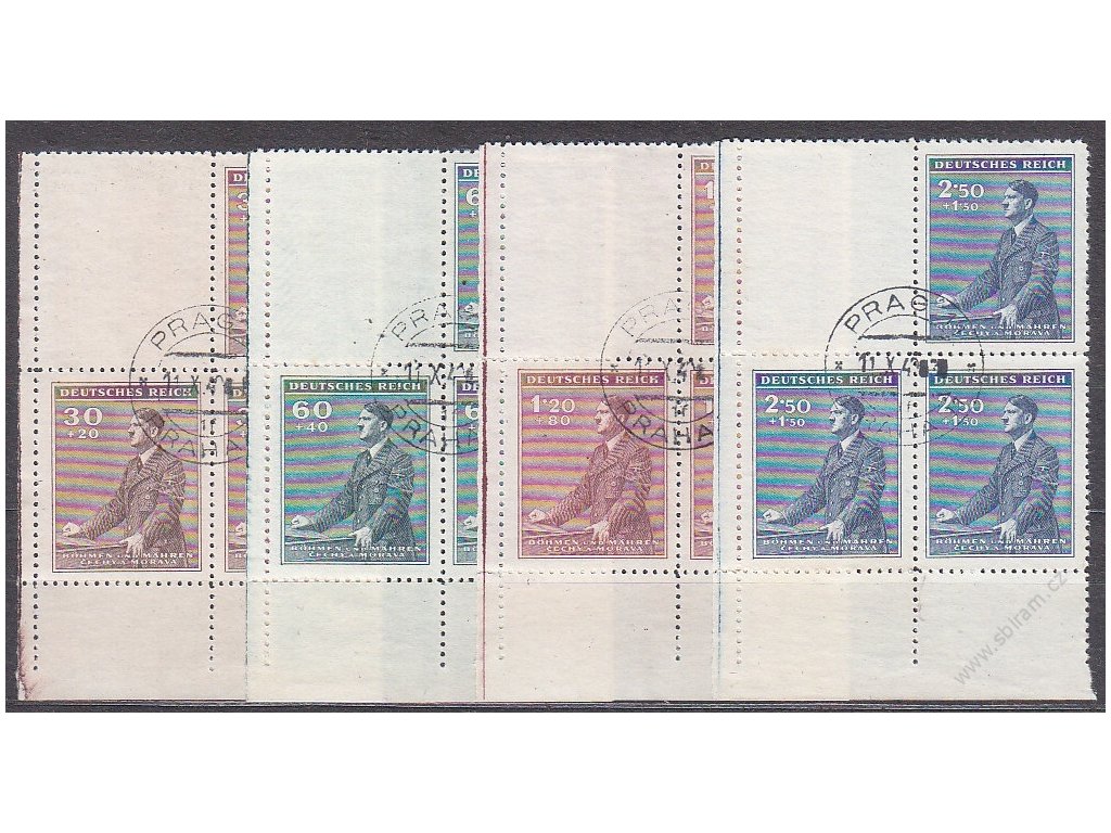 1942, 30h-2.50K Hitler, levé dolní roh. 4bloky s kupony, VK1, Nr.74-7, razítkované