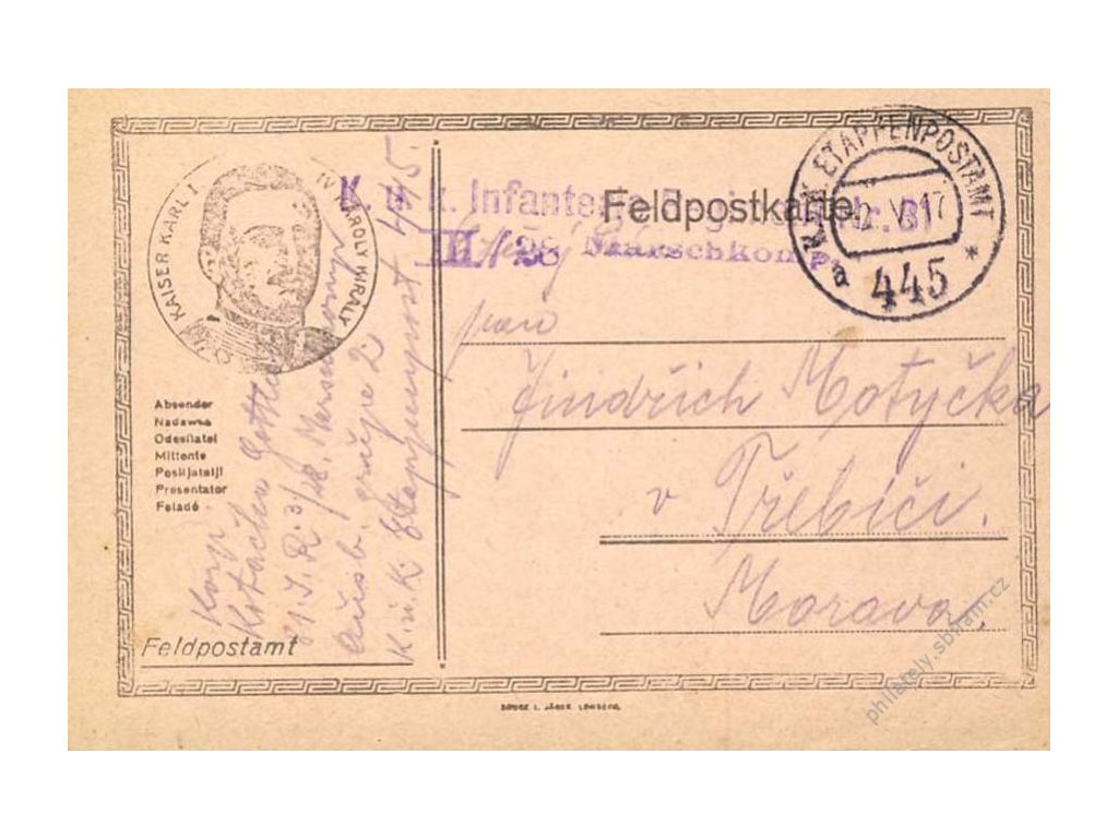 No.445a, lístek PP, zasláno v roce 1917 na Moravu