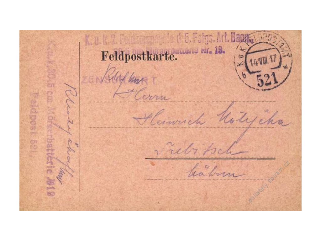 No.521b, lístek PP, zasláno v roce 1917 na Moravu