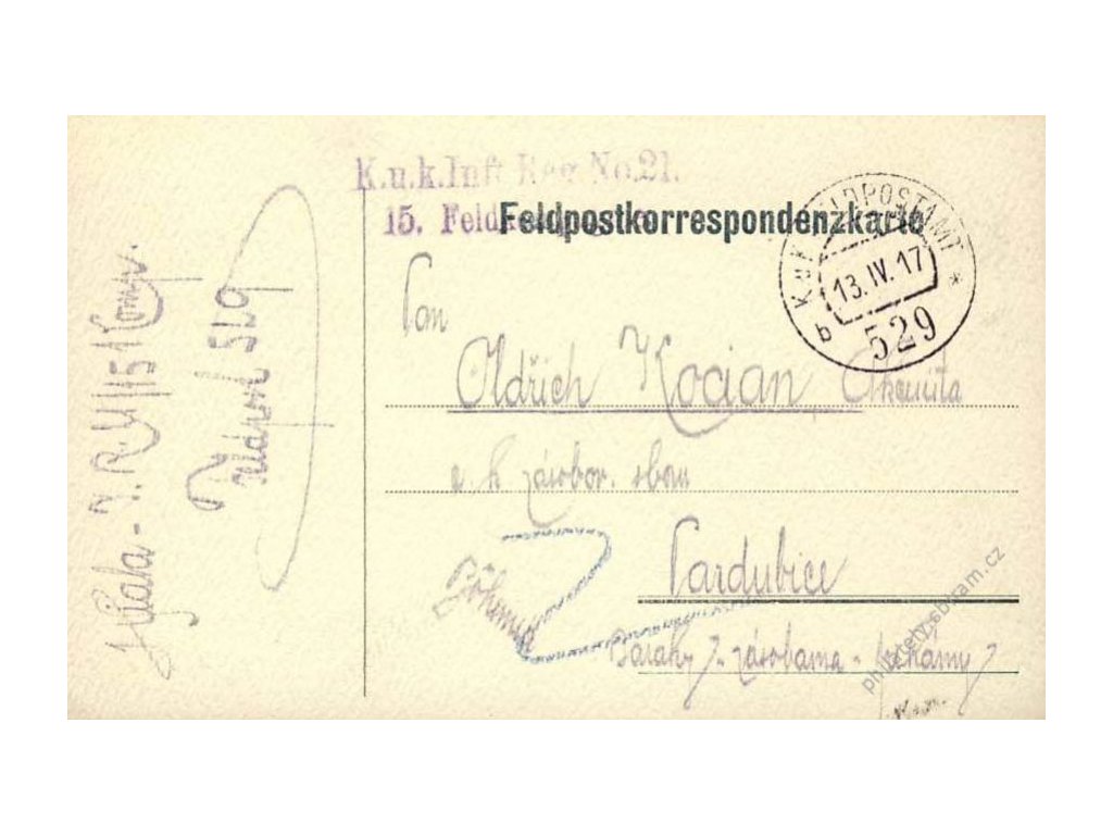 No.529b, lístek PP, zasláno v roce 1917 do Čech