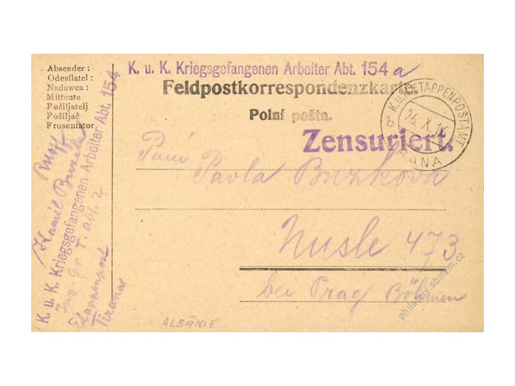 Tirana b, lístek PP zasl. v roce 1916 do Prahy