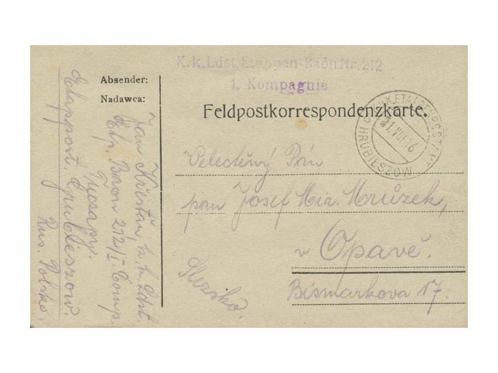 Hrubieszow b, lístek PP zasl. v roce 1916 do Opavy, dv růžek