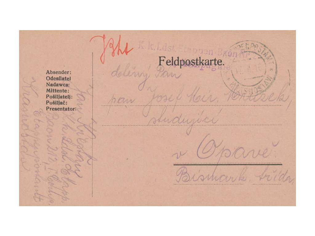 Krasnostaw, lístek PP zasl. v roce 1916 do Opavy