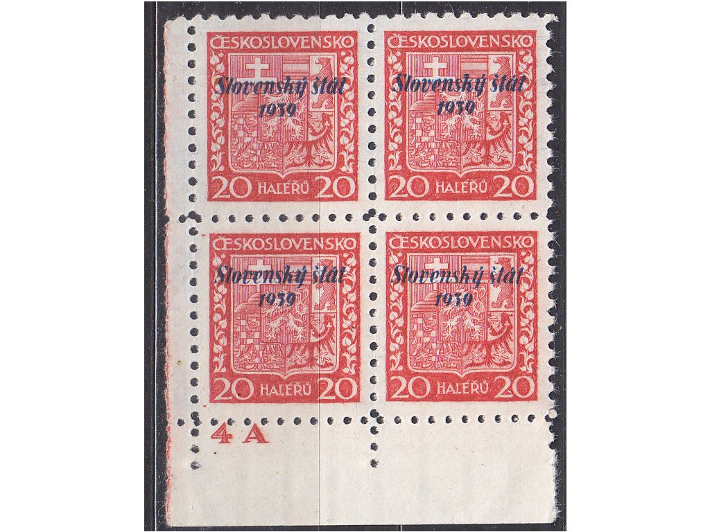 1939, 20h Znak, roh. 4blok s DČ 4A, Nr.4, **