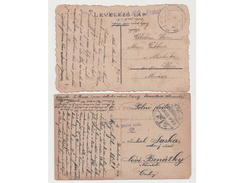 1919, 2 kusy pohlednic, razítka útvarů Pancéřový vlak „Praha“