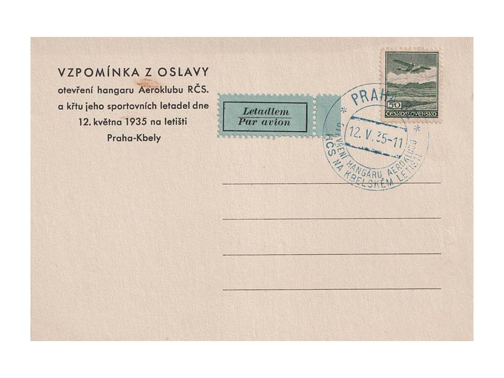 1935, Praha, Otevření hangáru na Kbelském letišti, lístek,