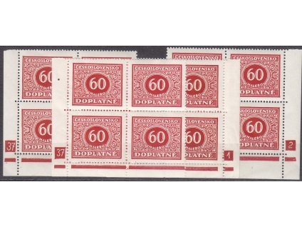 60h červená, 4 rohové 4bloky s DČ, každé jiné, Nr.DL61, **/*, místy povoleno v perforaci