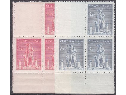 1945, 2.40-4Kčs Kozina, levé dolní roh. 4bloky, Nr., Nr.431-2, **