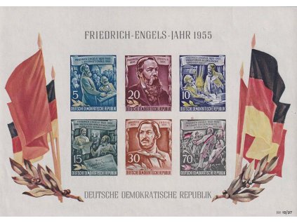 1955, 5-70 Pf aršík Engels, MiNr.Bl.13, **, drobné archové lomy