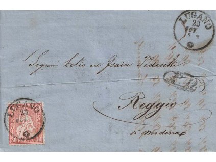1863, DR Lugano, skládaný dopis vyfr. známkou 30C Helvetia