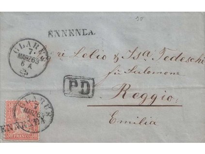 1863, DR Glarus, skládaný dopis vyfr. známkou 30C Helvetia