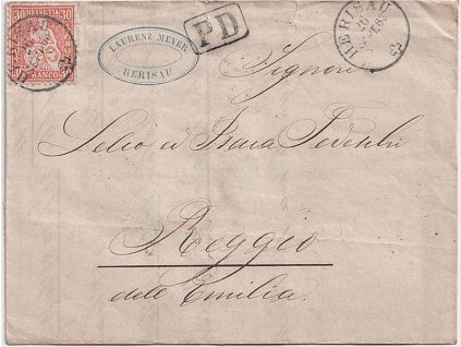 1863, DR Herisau, skládaný dopis vyfr. známkou 30C Helvetia