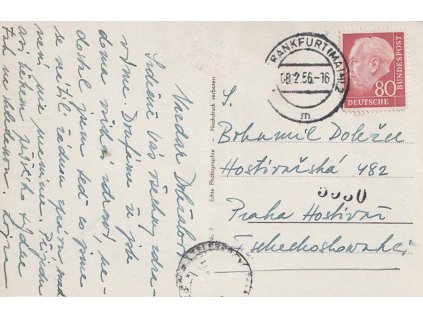 1956, DR Frankfurt, pohlednice zaslaná do Prahy, hledané