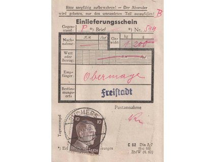 1943, DR Buchers, podací lístek, stopy pošt. provozu