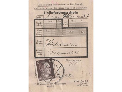 1943, DR Buchers, podací lístek, stopy provozu, přeloženo