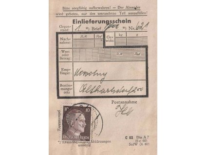 1943, DR Buchers, podací lístek, zajímavé, stopy pošt. provozu