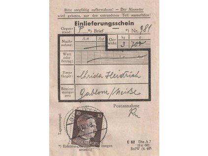 1943, DR Buchers, podací lístek, stopy poštovního provozu