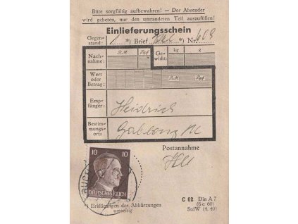 1943, DR Buchers, podací lístek, zajímavé, stopy poštovního provozu