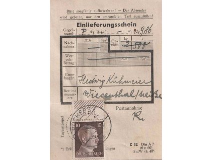 1943, DR Buchers, podací lístek, stopy pošt. provozu