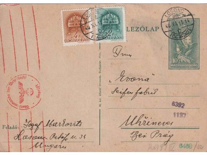 Losonc, maďarská dopisnice zaslaná v roce 1940 do Prahy
