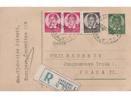 1937, DR Sarajevo, R-dopisnice zaslaná do Prahy, dv