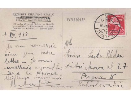 1933, DR Godollo, IV. Jamboree, pohlednice zaslaná do Prahy